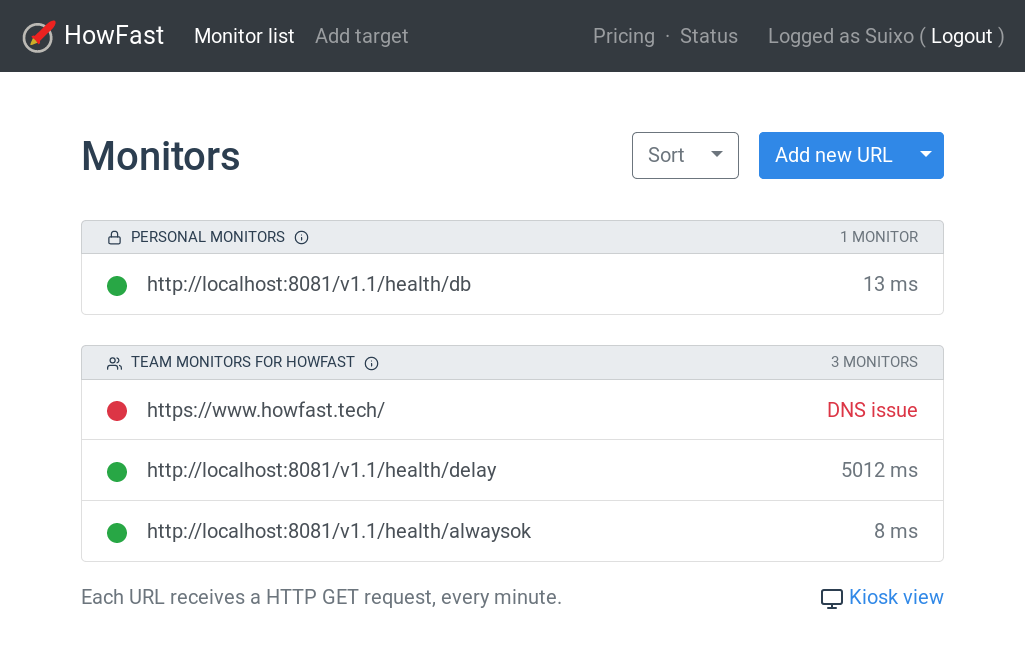Collaboration and communication inside a team can sometimes already be complex, so we made HowFast dead simple to use. List of personal and team-shared monitors, being monitored by HowFast